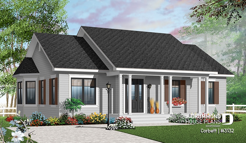 Color version 2 - Front - One-storey small ranche style house plan, 3 beds, solarium style kitchen with an open floor plan - Corbett