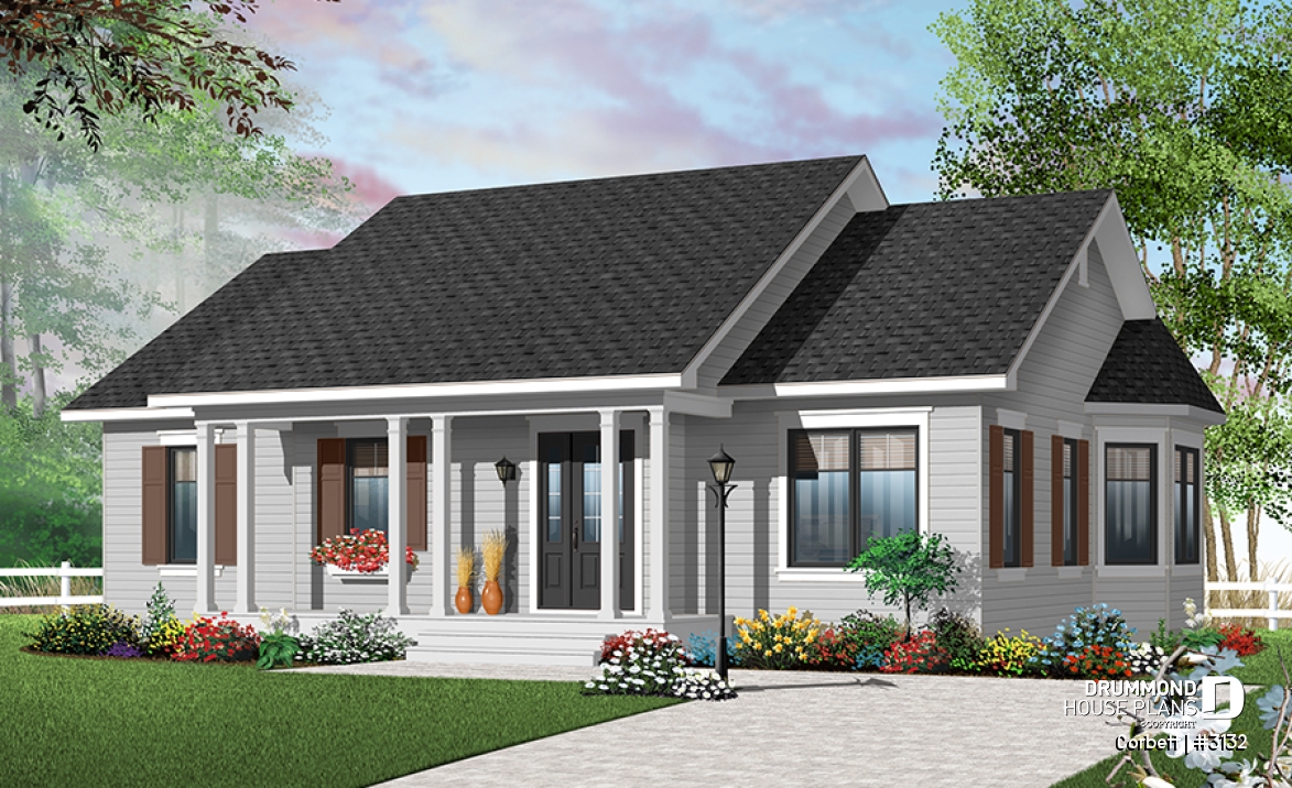 Color version 2 - Front - One-storey small ranche style house plan, 3 beds, solarium style kitchen with an open floor plan - Corbett