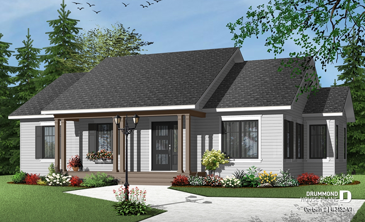 front - BASE MODEL - Country style 3 bedroom bungalow house plan with attractive kitchen and great open floor plan - Corbett 2