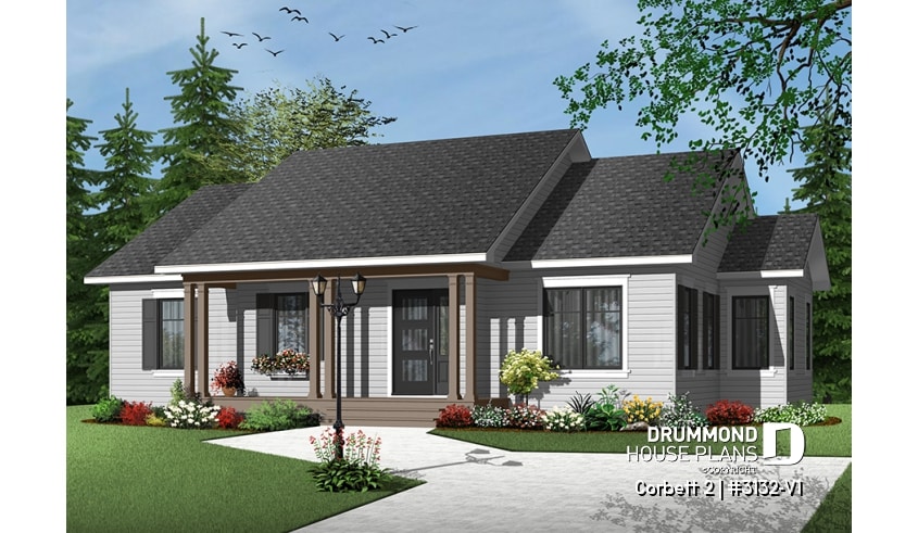 front - BASE MODEL - Country style 3 bedroom bungalow house plan with attractive kitchen and great open floor plan - Corbett 2