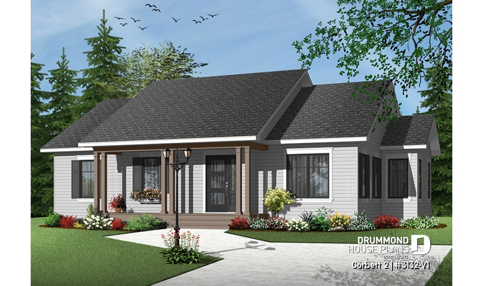 front - BASE MODEL - Country style 3 bedroom bungalow house plan with attractive kitchen and great open floor plan - Corbett 2