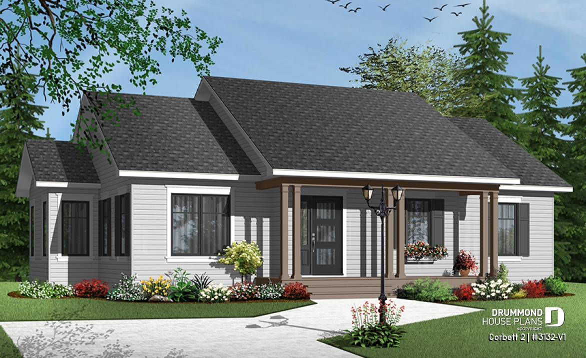 front - BASE MODEL - Country style 3 bedroom bungalow house plan with attractive kitchen and great open floor plan - Corbett 2