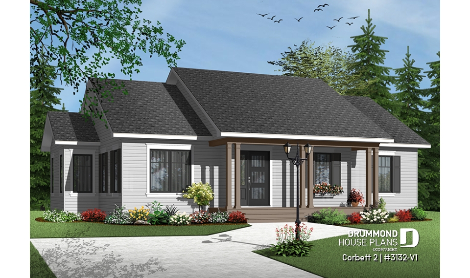 front - BASE MODEL - Country style 3 bedroom bungalow house plan with attractive kitchen and great open floor plan - Corbett 2