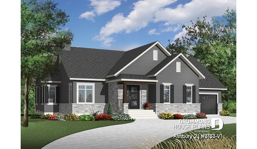 Color version 1 - Front - Country ranch house plan, 2 bedrooms, laundry room, one-car garage, full unfinished basement, fireplace - Ashbury 2