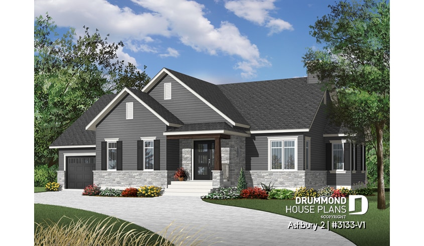 Color version 1 - Front - Country ranch house plan, 2 bedrooms, laundry room, one-car garage, full unfinished basement, fireplace - Ashbury 2