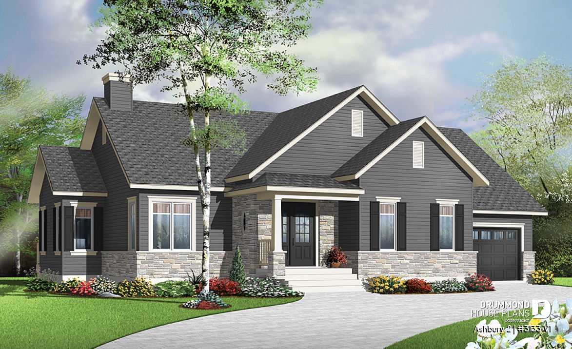 front - BASE MODEL - Country ranch house plan, 2 bedrooms, laundry room, one-car garage, full unfinished basement, fireplace - Ashbury 2