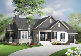 front - BASE MODEL - Country ranch house plan, 2 bedrooms, laundry room, one-car garage, full unfinished basement, fireplace - Ashbury 2