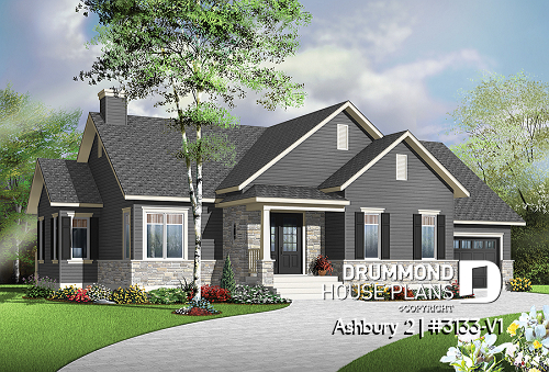 front - BASE MODEL - Country ranch house plan, 2 bedrooms, laundry room, one-car garage, full unfinished basement, fireplace - Ashbury 2