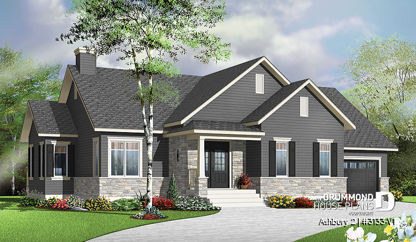 front - BASE MODEL - Country ranch house plan, 2 bedrooms, laundry room, one-car garage, full unfinished basement, fireplace - Ashbury 2