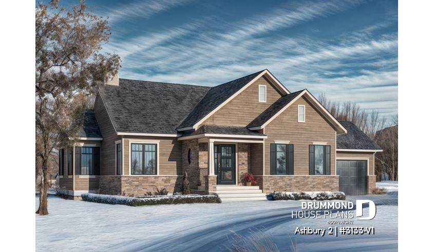 front - BASE MODEL - Country ranch house plan, 2 bedrooms, laundry room, one-car garage, full unfinished basement, fireplace - Ashbury 2