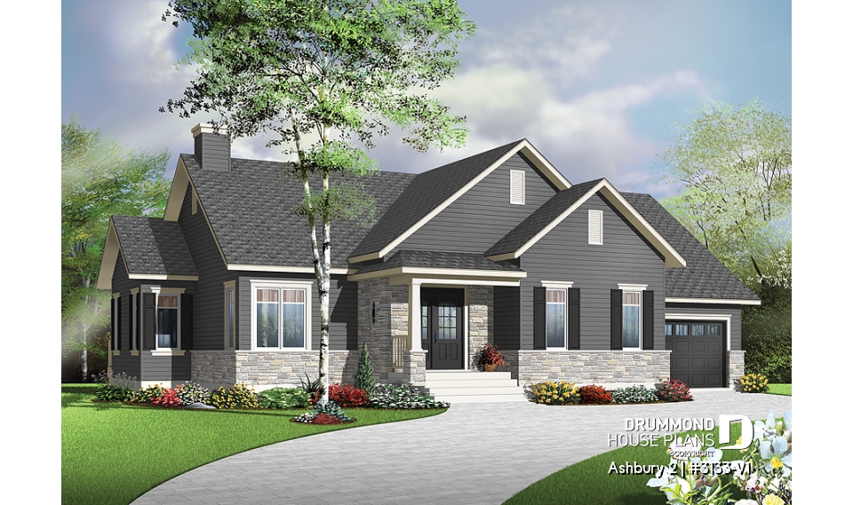 front - BASE MODEL - Country ranch house plan, 2 bedrooms, laundry room, one-car garage, full unfinished basement, fireplace - Ashbury 2