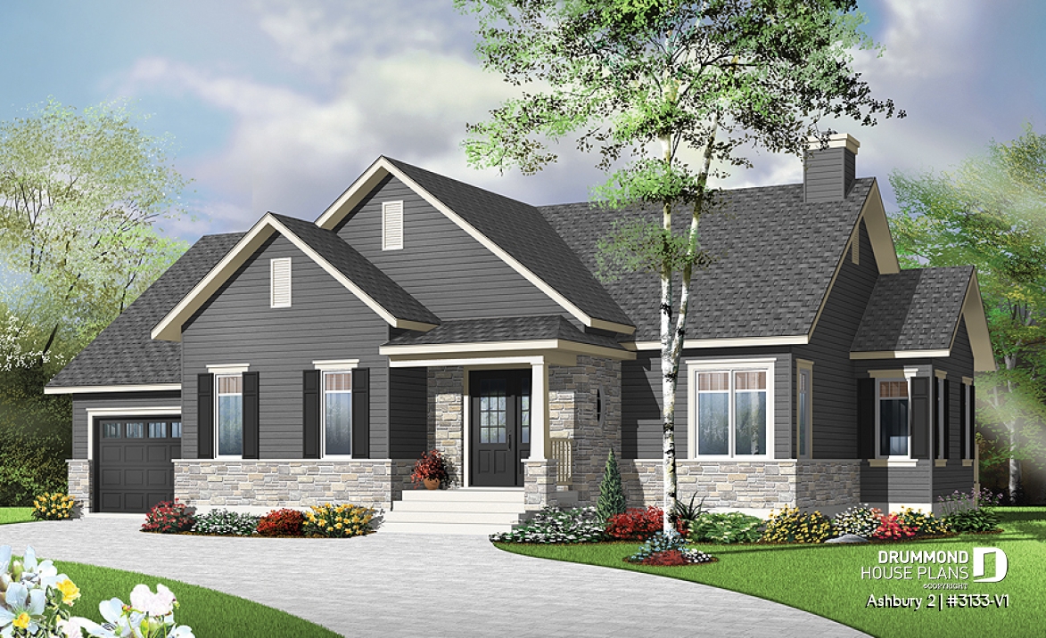 front - BASE MODEL - Country ranch house plan, 2 bedrooms, laundry room, one-car garage, full unfinished basement, fireplace - Ashbury 2