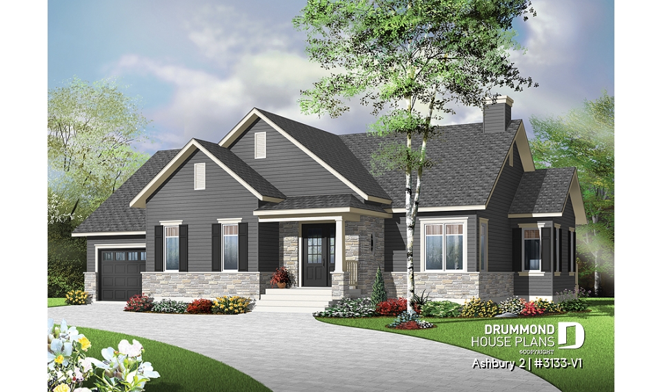 front - BASE MODEL - Country ranch house plan, 2 bedrooms, laundry room, one-car garage, full unfinished basement, fireplace - Ashbury 2