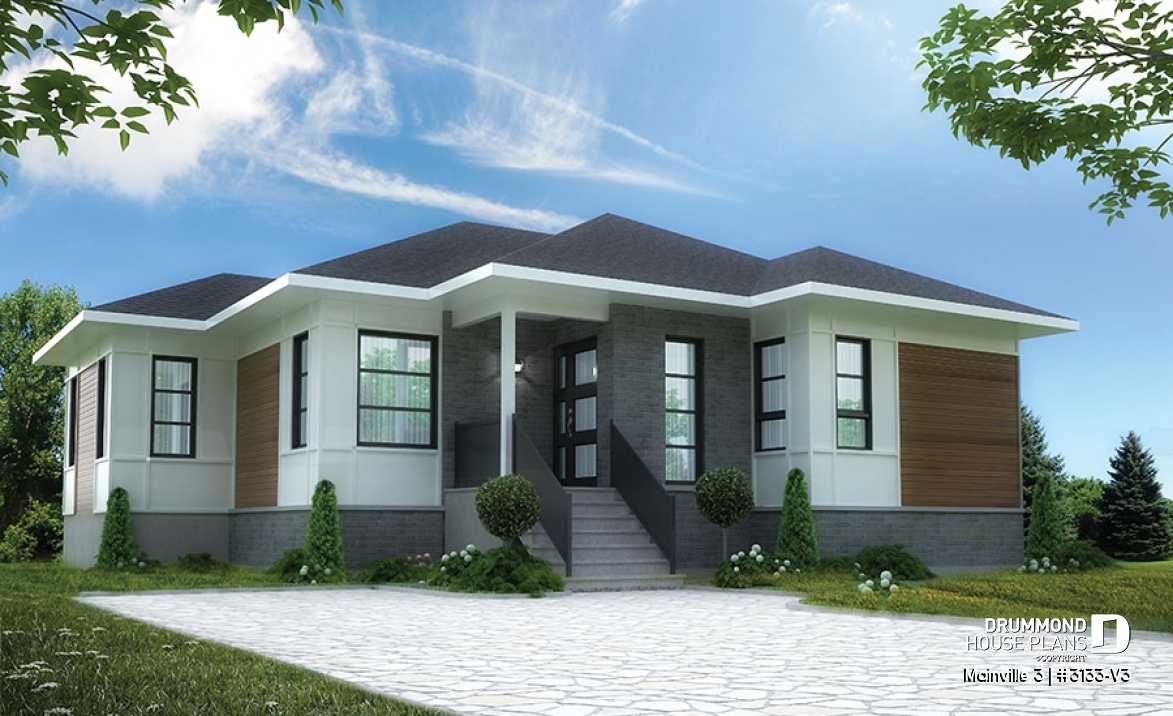 front - BASE MODEL - 3 bedroom Modern home plan with kitchen island and open floor plan concept, unfinished basement - Mainville 3
