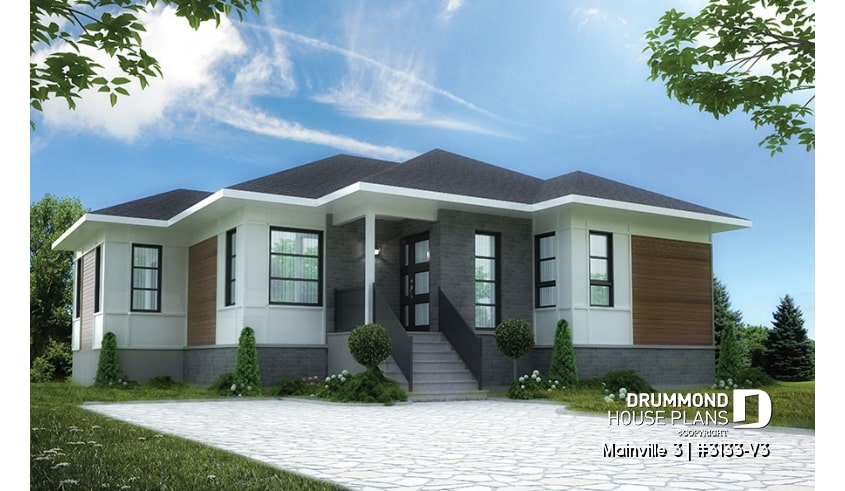front - BASE MODEL - 3 bedroom Modern home plan with kitchen island and open floor plan concept, unfinished basement - Mainville 3