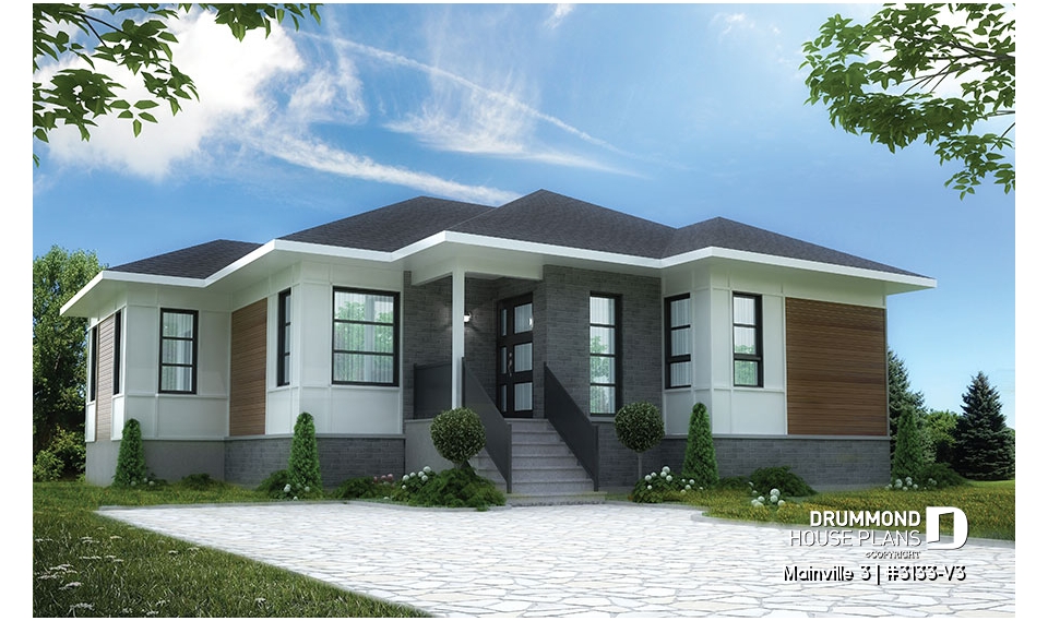 front - BASE MODEL - 3 bedroom Modern home plan with kitchen island and open floor plan concept, unfinished basement - Mainville 3