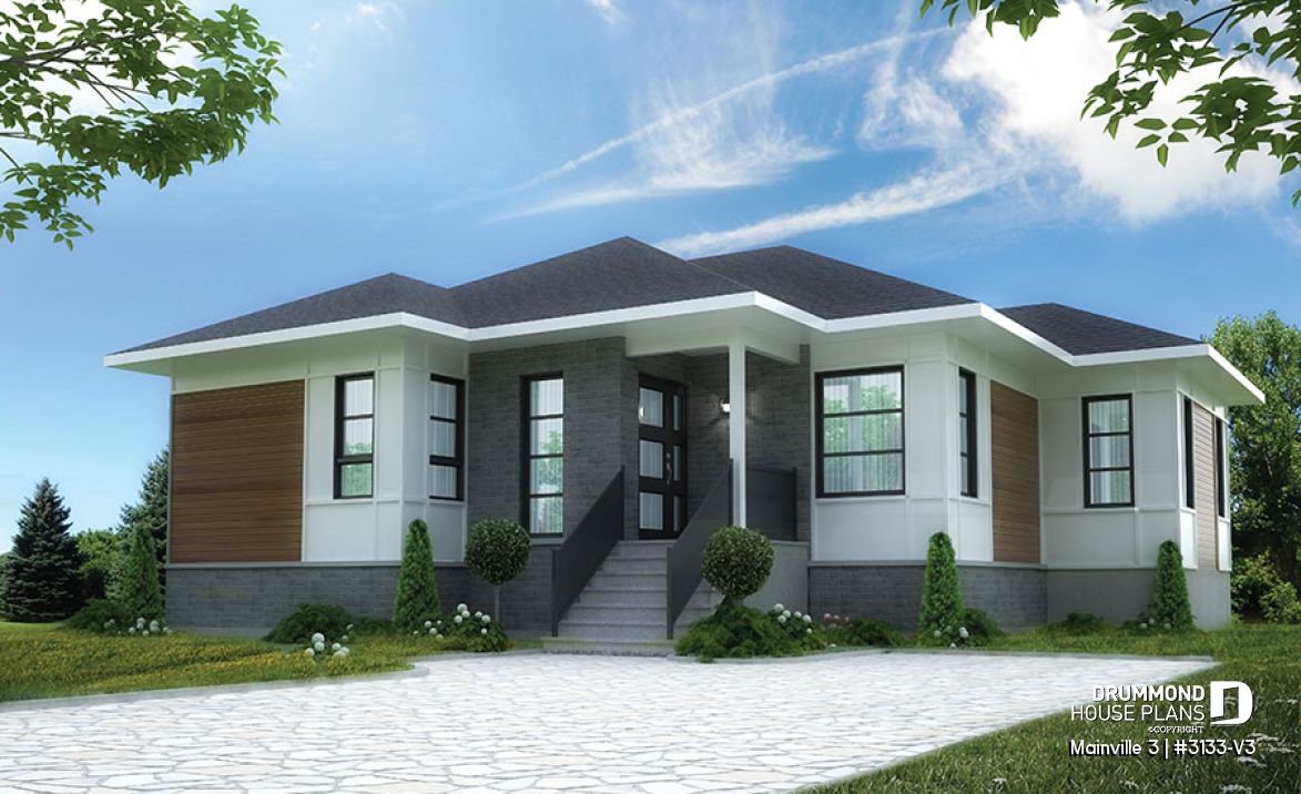 front - BASE MODEL - 3 bedroom Modern home plan with kitchen island and open floor plan concept, unfinished basement - Mainville 3