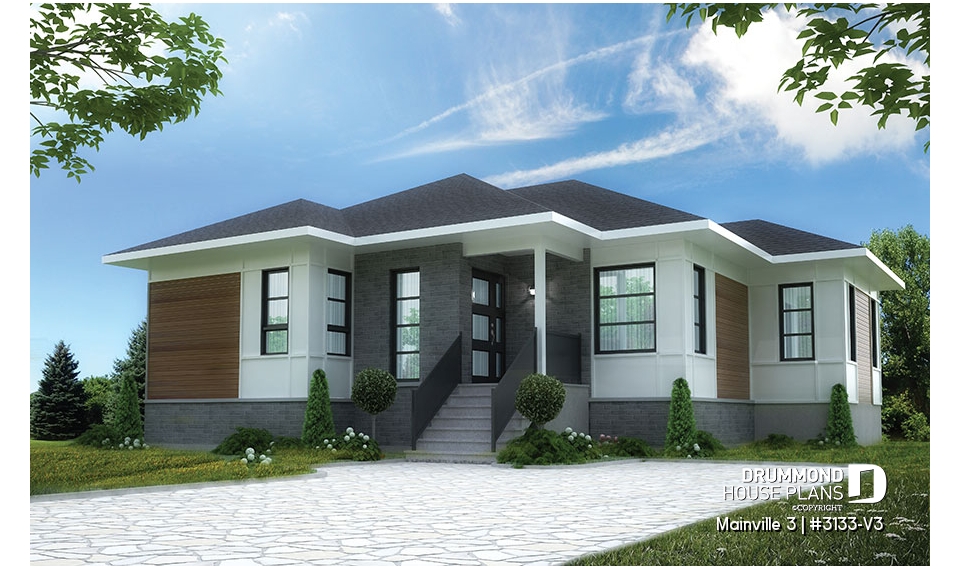 front - BASE MODEL - 3 bedroom Modern home plan with kitchen island and open floor plan concept, unfinished basement - Mainville 3