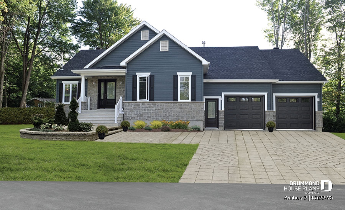 front - BASE MODEL - Country rustic 2-car garage house plan with open floor plan, large kitchen island, fireplace and laundry room - Ashbury 3