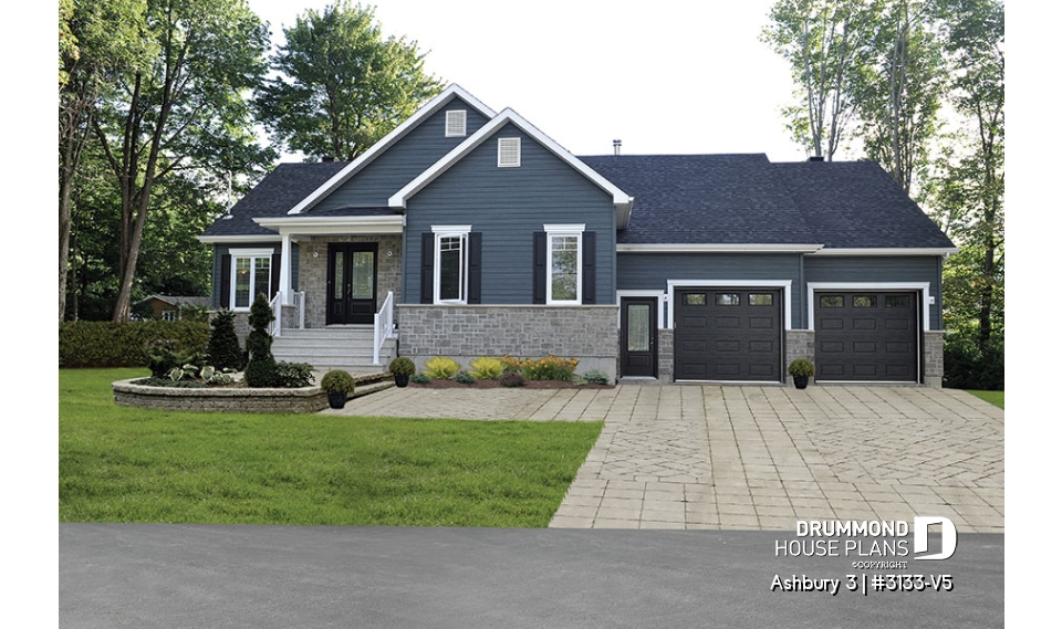 front - BASE MODEL - Country rustic 2-car garage house plan with open floor plan, large kitchen island, fireplace and laundry room - Ashbury 3