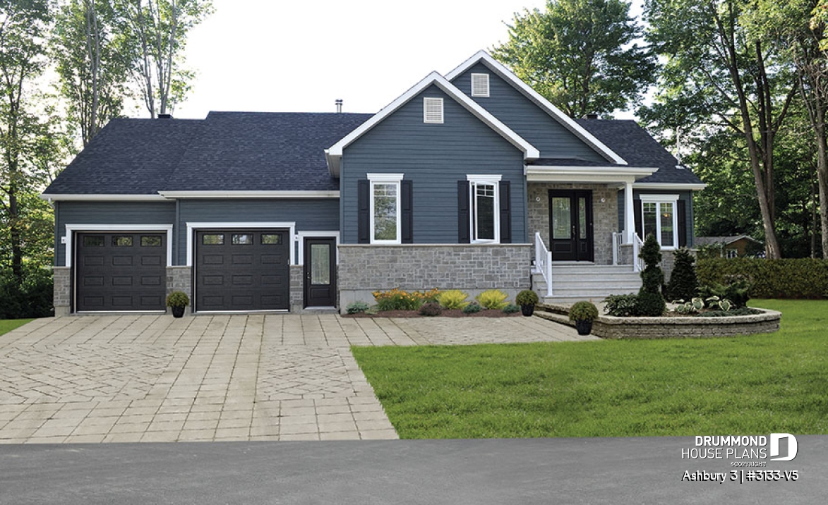 front - BASE MODEL - Country rustic 2-car garage house plan with open floor plan, large kitchen island, fireplace and laundry room - Ashbury 3