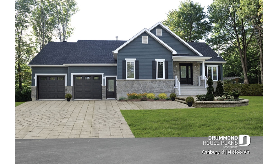 front - BASE MODEL - Country rustic 2-car garage house plan with open floor plan, large kitchen island, fireplace and laundry room - Ashbury 3