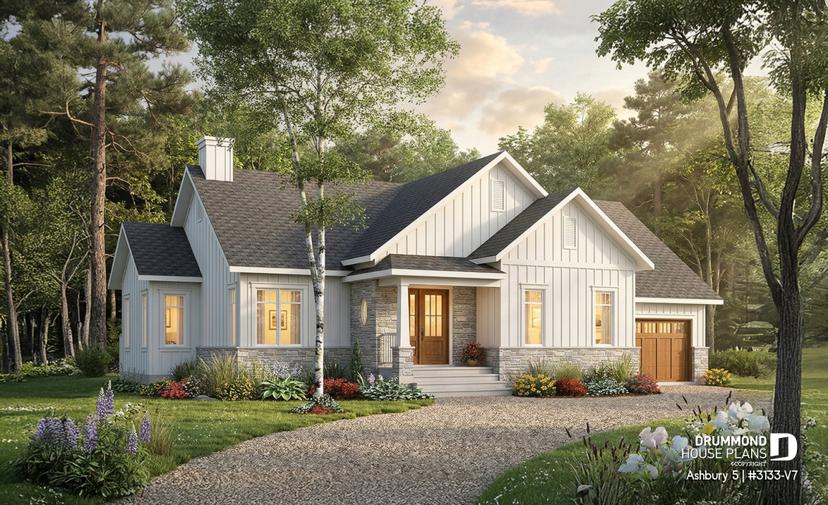 front - BASE MODEL - Modern farmhouse single-story house plan with a garage, two bedrooms, home office &amp; large covered rear terrace - Ashbury 5
