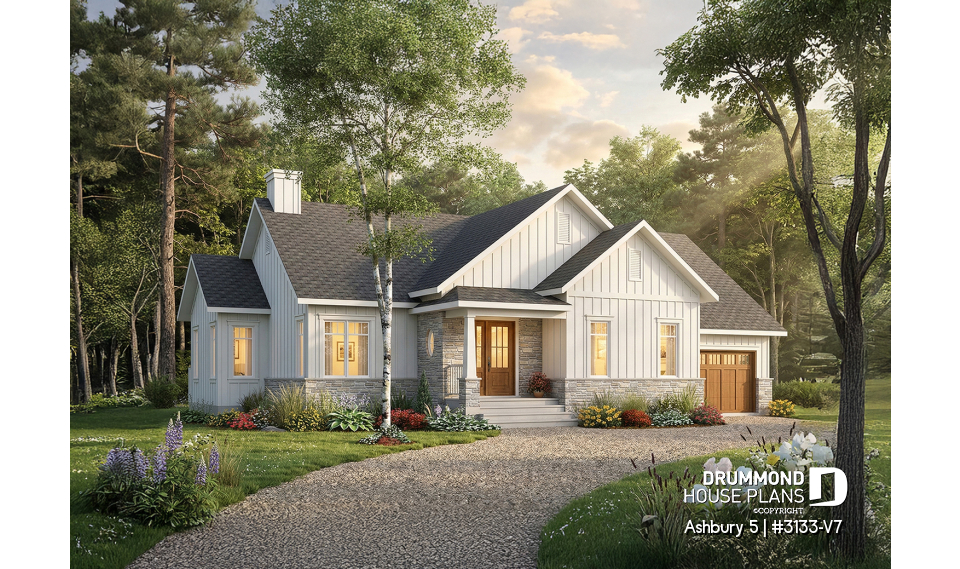 front - BASE MODEL - Modern farmhouse single-story house plan with a garage, two bedrooms, home office &amp; large covered rear terrace - Ashbury 5