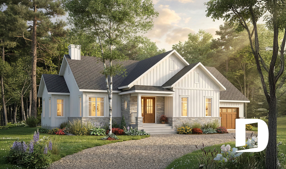 front - BASE MODEL - Modern farmhouse single-story house plan with a garage, two bedrooms, home office &amp; large covered rear terrace - Ashbury 5