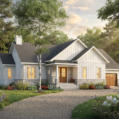 front - BASE MODEL - Modern farmhouse single-story house plan with a garage, two bedrooms, home office & large covered rear terrace - Ashbury 5