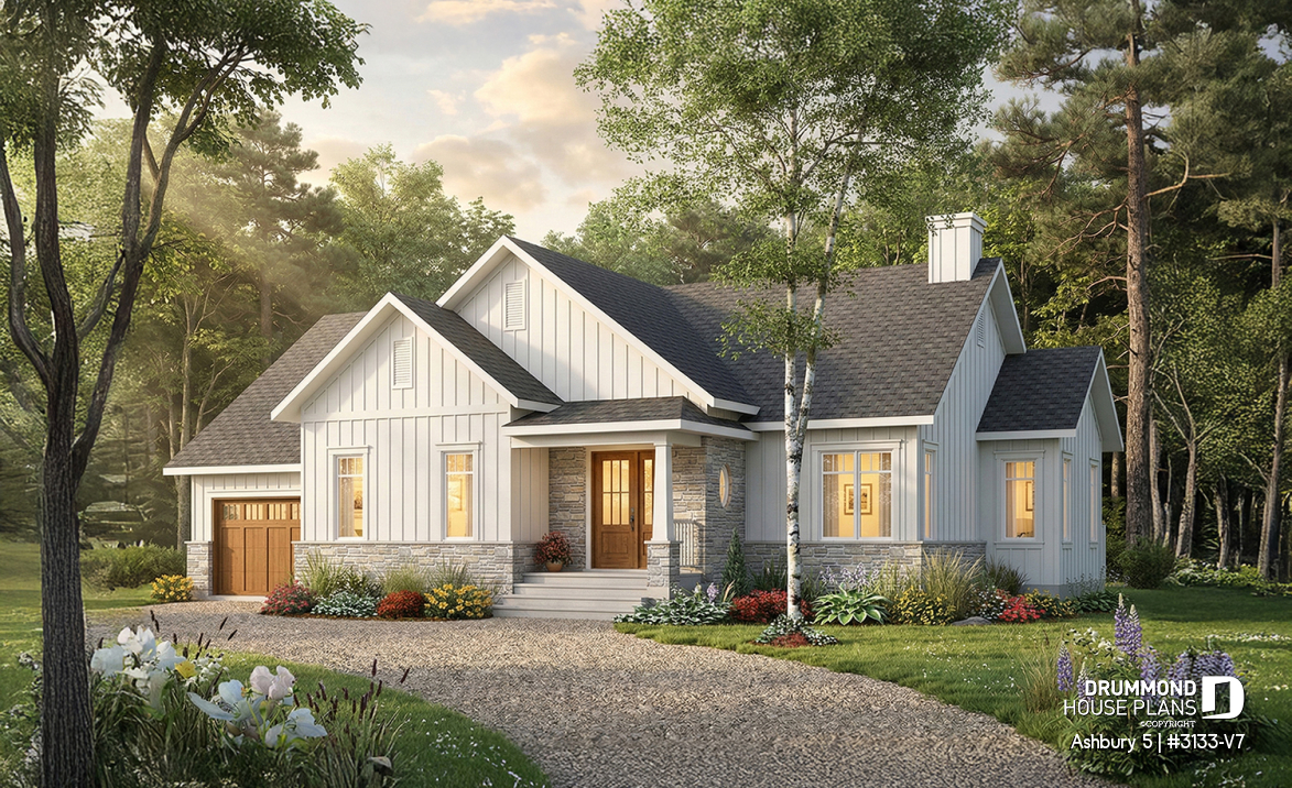 front - BASE MODEL - Modern farmhouse single-story house plan with a garage, two bedrooms, home office &amp; large covered rear terrace - Ashbury 5