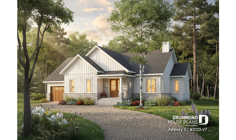 front - BASE MODEL - Modern farmhouse single-story house plan with a garage, two bedrooms, home office &amp; large covered rear terrace - Ashbury 5