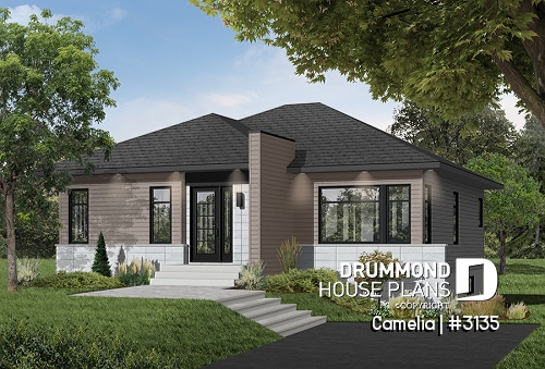 Color version 6 - Front - Abundantly fenestrated, two bedroom modern house plan with open floor plan concept and lots of natural lights - Camelia