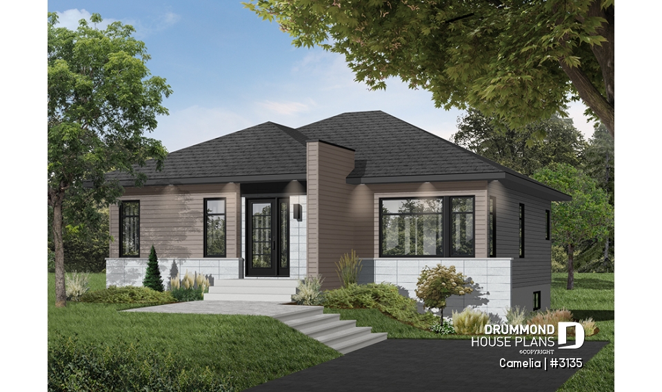 Color version 6 - Front - Abundantly fenestrated, two bedroom modern house plan with open floor plan concept and lots of natural lights - Camelia