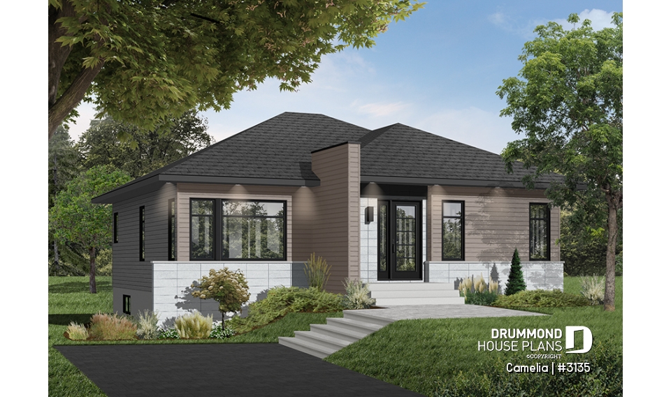 Color version 6 - Front - Abundantly fenestrated, two bedroom modern house plan with open floor plan concept and lots of natural lights - Camelia