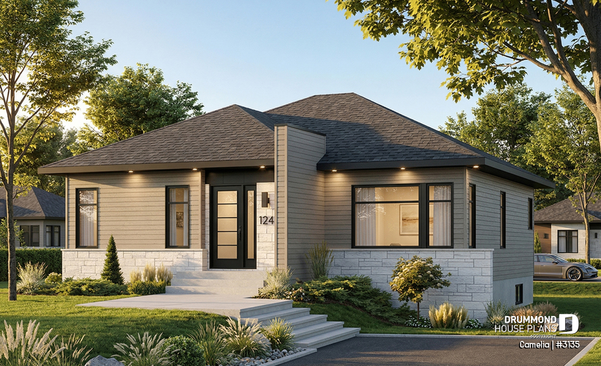 front - BASE MODEL - Abundantly fenestrated, two bedroom modern house plan with open floor plan concept and lots of natural lights - Camelia