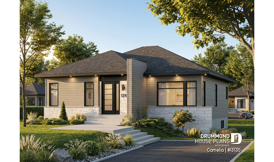 front - BASE MODEL - Abundantly fenestrated, two bedroom modern house plan with open floor plan concept and lots of natural lights - Camelia