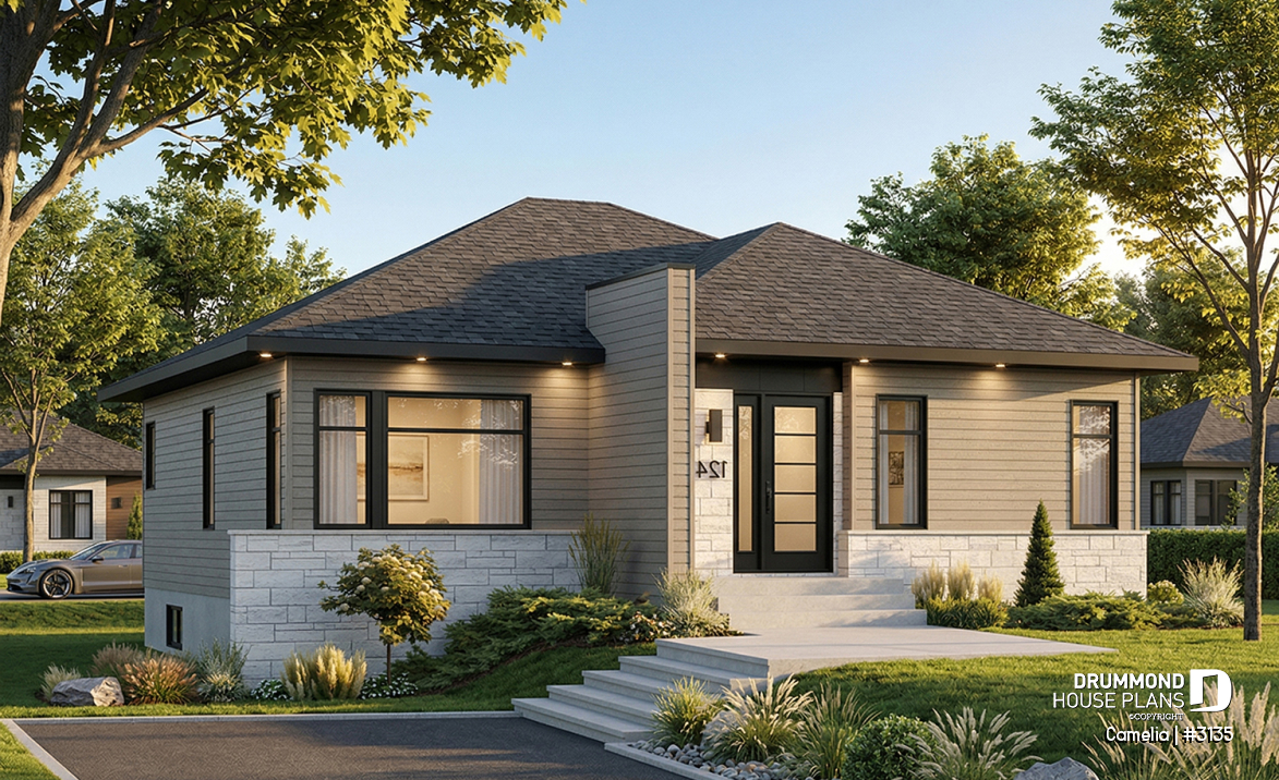 front - BASE MODEL - Abundantly fenestrated, two bedroom modern house plan with open floor plan concept and lots of natural lights - Camelia