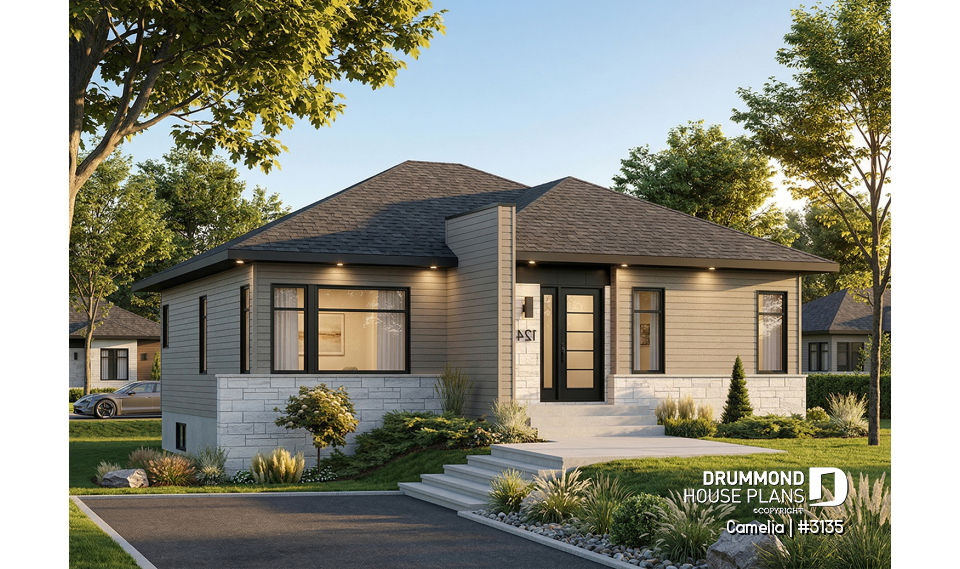 front - BASE MODEL - Abundantly fenestrated, two bedroom modern house plan with open floor plan concept and lots of natural lights - Camelia