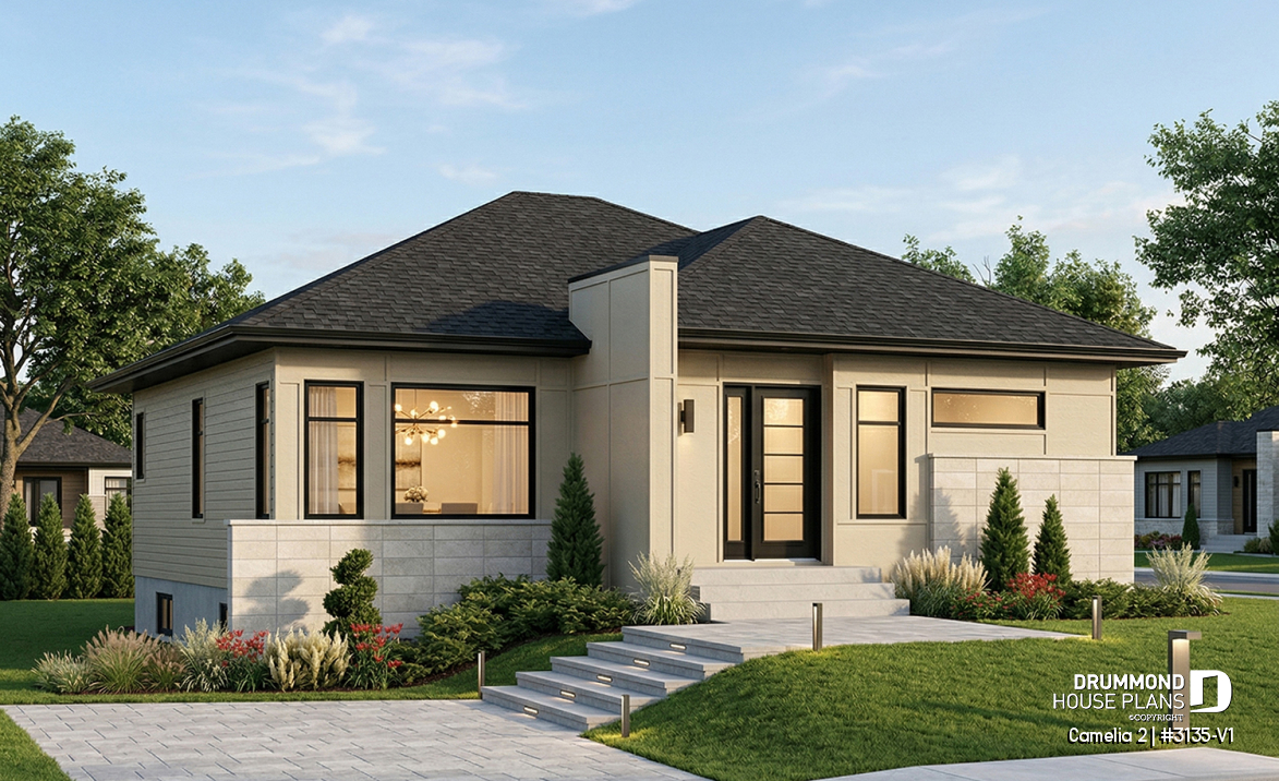 front - BASE MODEL - Affordable, two bedroom small modern home plan with curb appeal, unfinished basement - Camelia 2