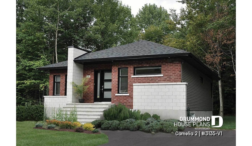 front - BASE MODEL - Affordable, two bedroom small modern home plan with curb appeal, unfinished basement - Camelia 2