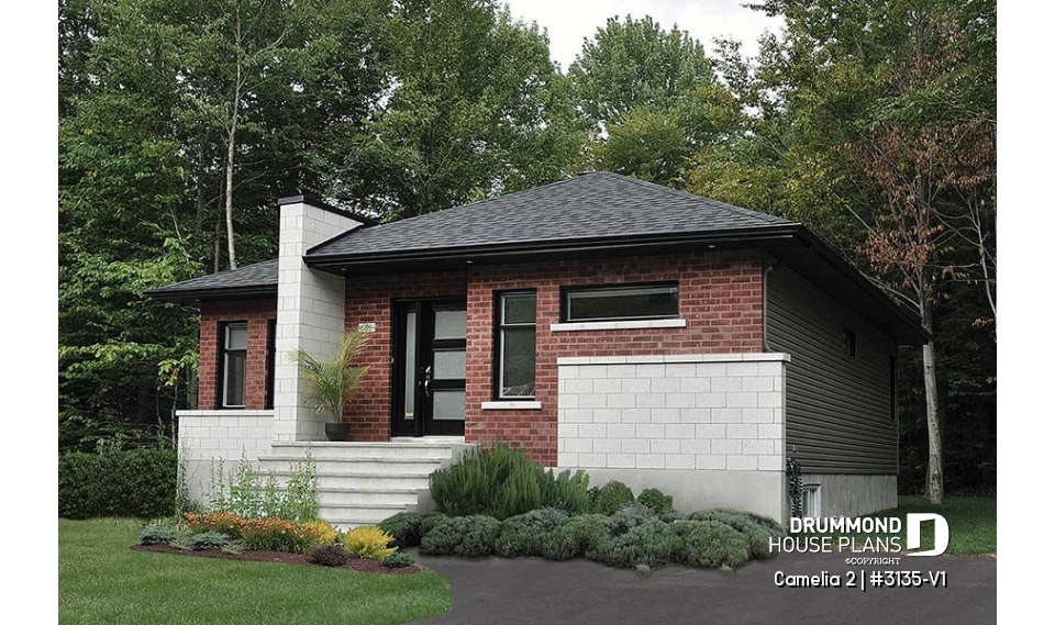 front - BASE MODEL - Affordable, two bedroom small modern home plan with curb appeal, unfinished basement - Camelia 2