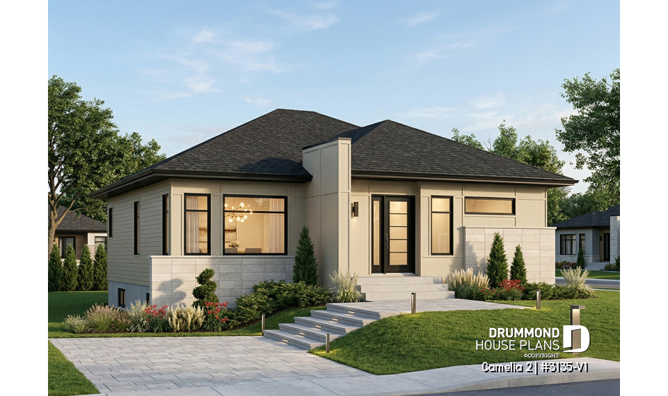 front - BASE MODEL - Affordable, two bedroom small modern home plan with curb appeal, unfinished basement - Camelia 2
