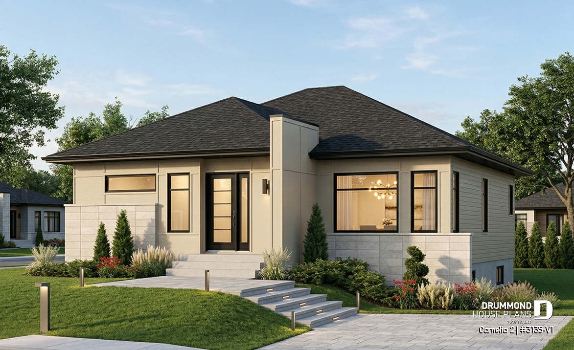 front - BASE MODEL - Affordable, two bedroom small modern home plan with curb appeal, unfinished basement - Camelia 2
