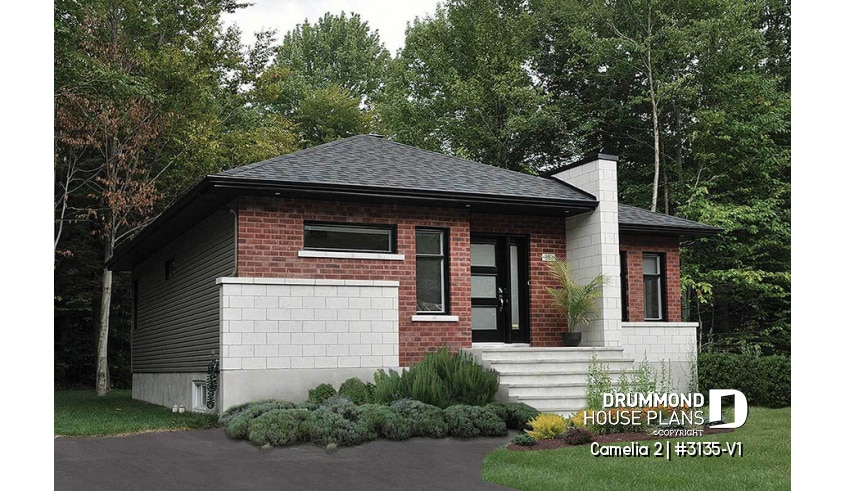 front - BASE MODEL - Affordable, two bedroom small modern home plan with curb appeal, unfinished basement - Camelia 2