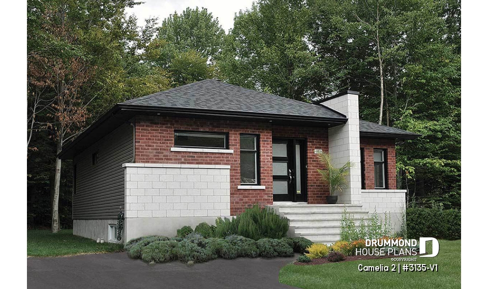 front - BASE MODEL - Affordable, two bedroom small modern home plan with curb appeal, unfinished basement - Camelia 2