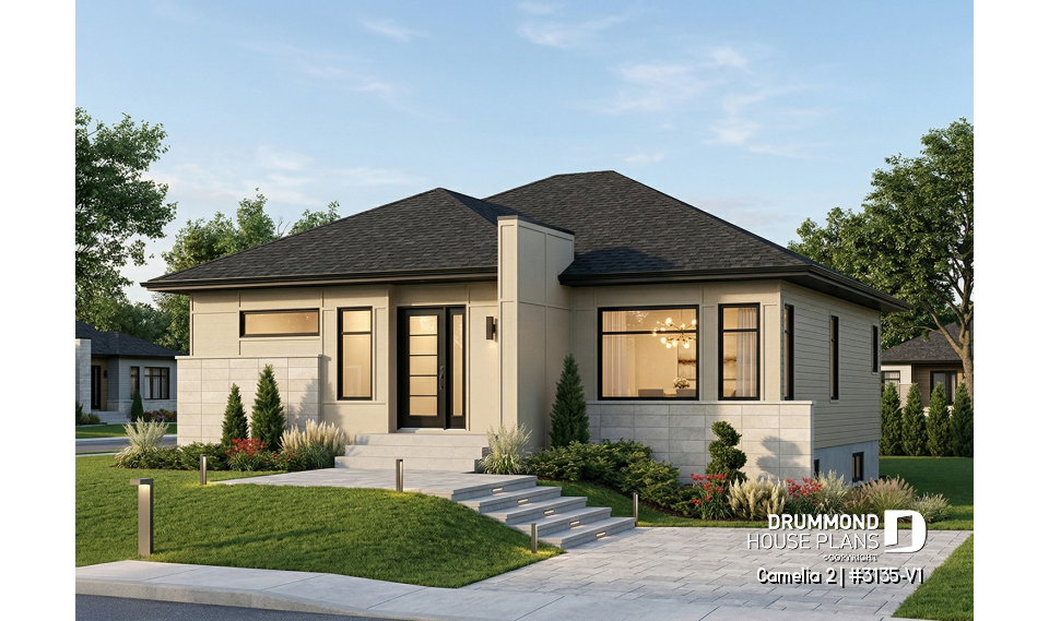 front - BASE MODEL - Affordable, two bedroom small modern home plan with curb appeal, unfinished basement - Camelia 2
