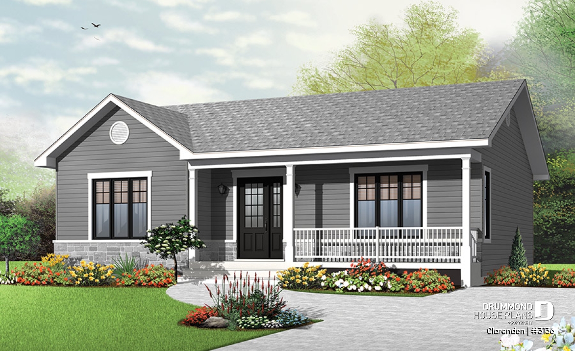 front - BASE MODEL - Traditional ranch style bungalow plan, ideal starter home, open living concept with patio door, large shower - Clarendon