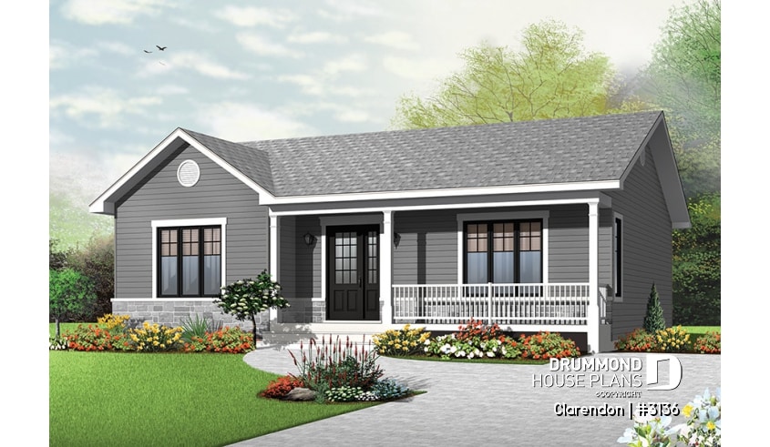 front - BASE MODEL - Traditional ranch style bungalow plan, ideal starter home, open living concept with patio door, large shower - Clarendon