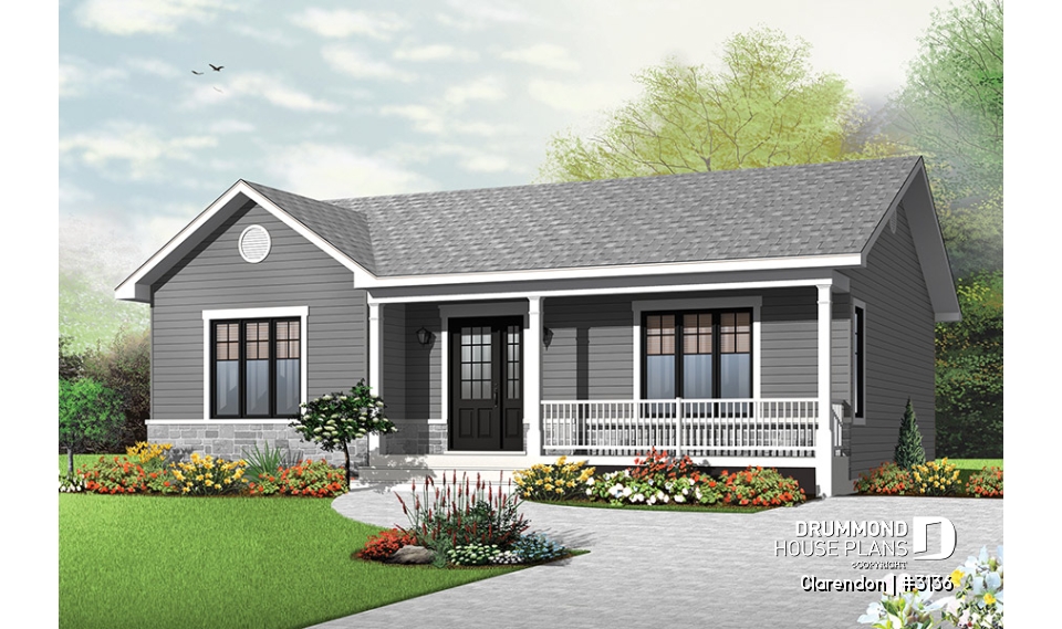 front - BASE MODEL - Traditional ranch style bungalow plan, ideal starter home, open living concept with patio door, large shower - Clarendon